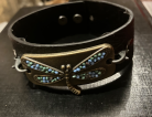 Woodland Friends-Turquoise Dragonfly on black leather bracelet with adj. snao